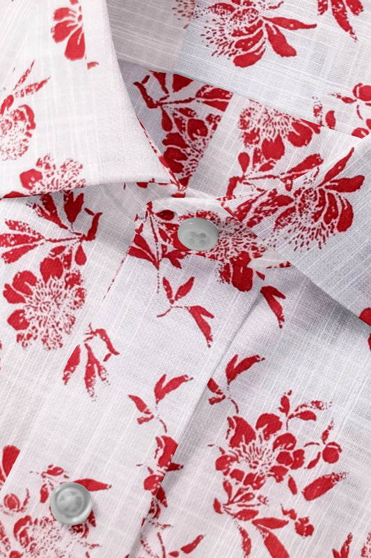 White Linen Red Floral Print Shirt