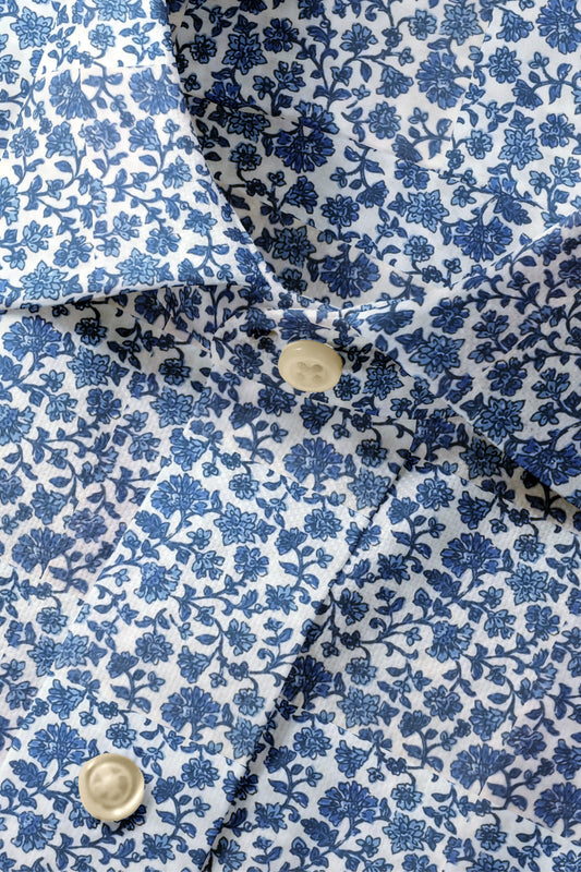 White Blue Micro Flower Print