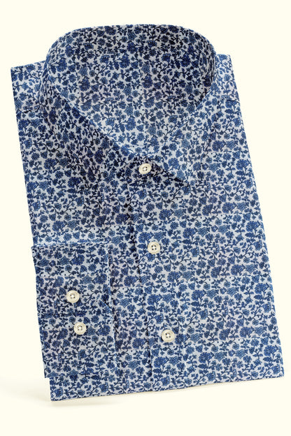 White Blue Micro Flower Print