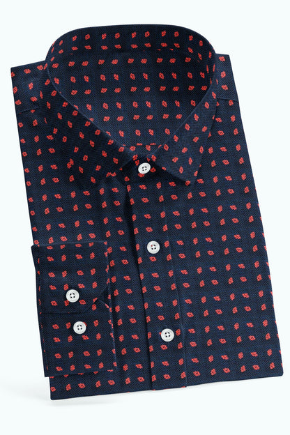 Navy Blue Dobby Red Print Shirt