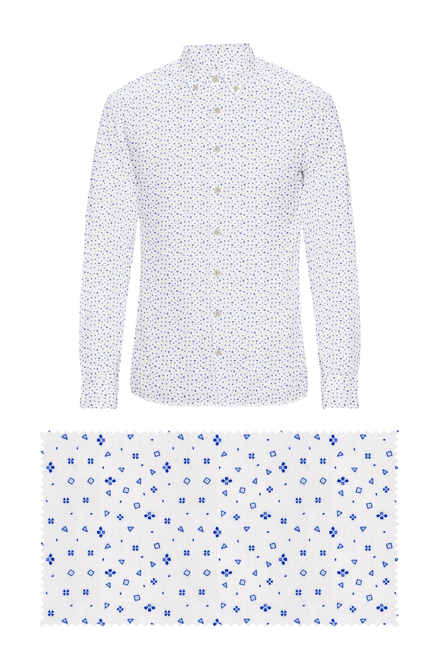 Geometric Print White on Blue Shirt